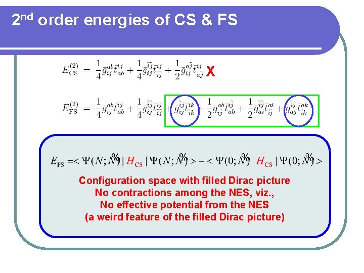 2 nd order energies of CS & FS X Configuration space with filled Dirac