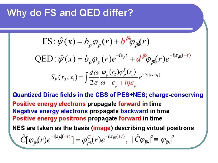 Why do FS and QED differ? Quantized Dirac fields in the CBS of PES+NES;