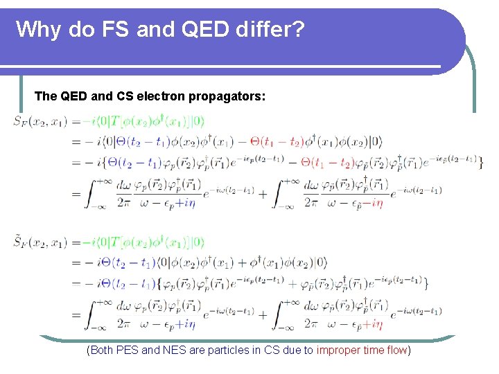 Why do FS and QED differ? The QED and CS electron propagators: (Both PES