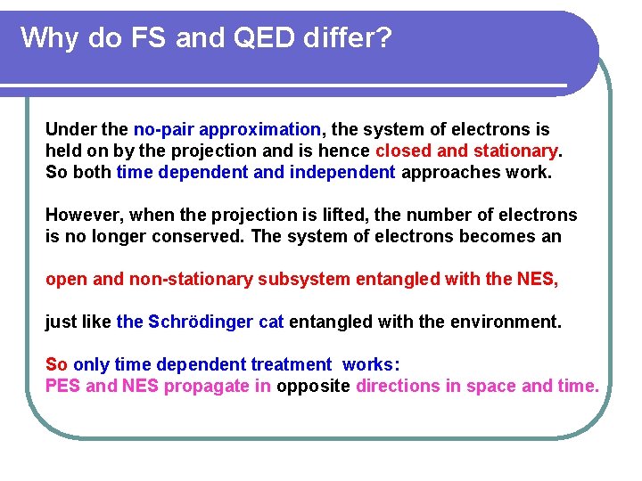 Why do FS and QED differ? Under the no-pair approximation, the system of electrons