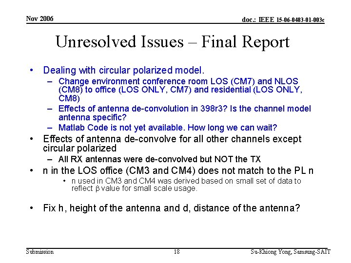 Nov 2006 doc. : IEEE 15 -06 -0483 -01 -003 c Unresolved Issues –