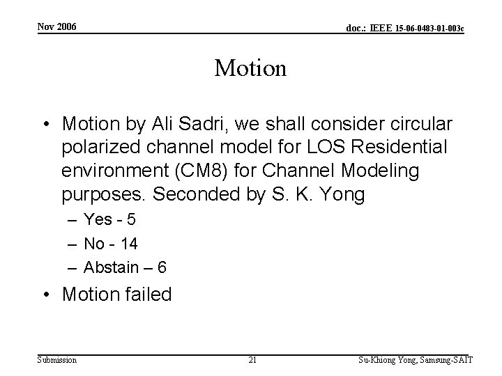 Nov 2006 doc. : IEEE 15 -06 -0483 -01 -003 c Motion • Motion