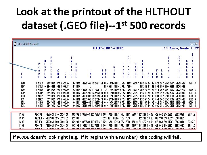 Look at the printout of the HLTHOUT dataset (. GEO file)--1 st 500 records