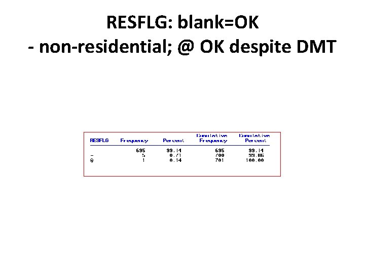 RESFLG: blank=OK - non-residential; @ OK despite DMT 