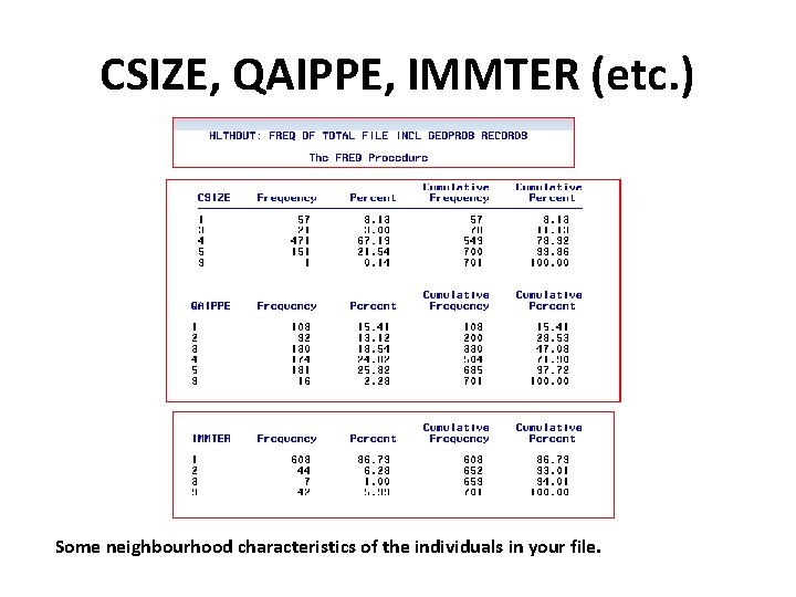 CSIZE, QAIPPE, IMMTER (etc. ) Some neighbourhood characteristics of the individuals in your file.