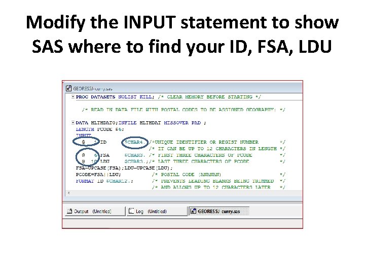 Modify the INPUT statement to show SAS where to find your ID, FSA, LDU