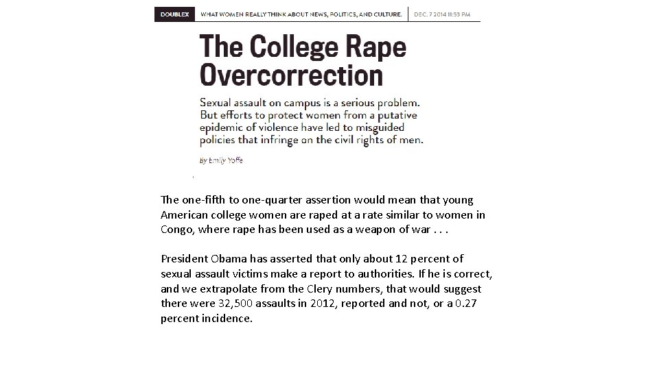 The one-fifth to one-quarter assertion would mean that young American college women are raped