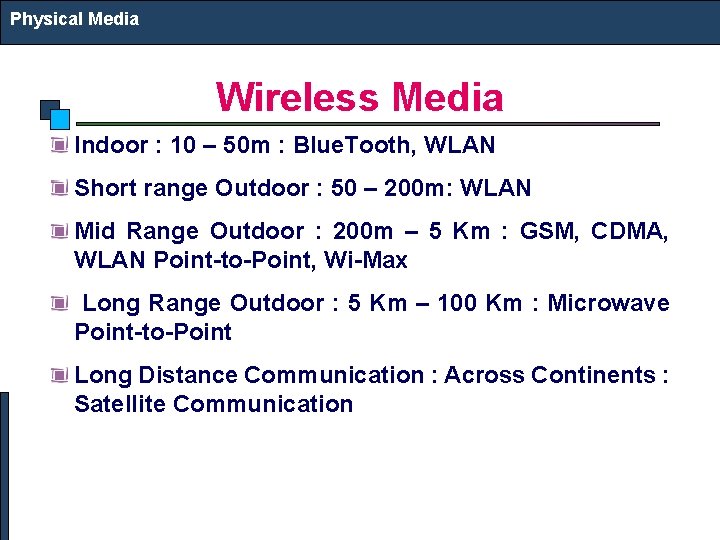 Physical Media Wireless Media Indoor : 10 – 50 m : Blue. Tooth, WLAN