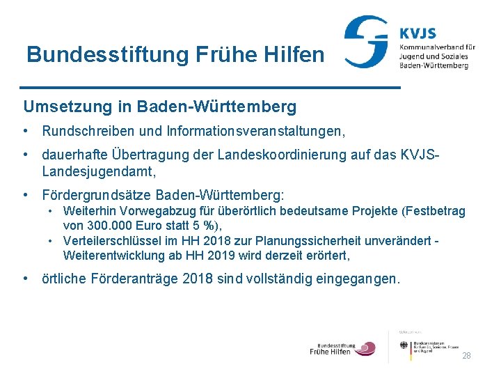 Bundesstiftung Frühe Hilfen Umsetzung in Baden-Württemberg • Rundschreiben und Informationsveranstaltungen, • dauerhafte Übertragung der