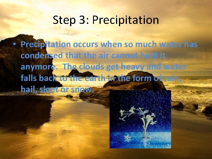 Step 3: Precipitation • Precipitation occurs when so much water has condensed that the