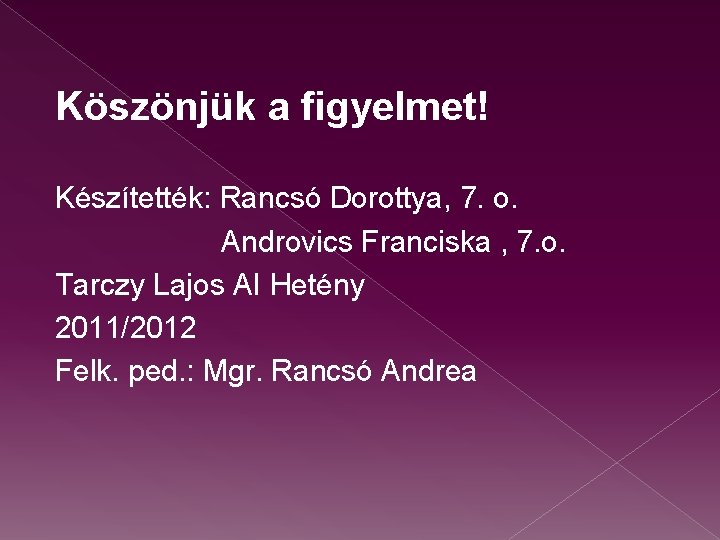 Köszönjük a figyelmet! Készítették: Rancsó Dorottya, 7. o. Androvics Franciska , 7. o. Tarczy