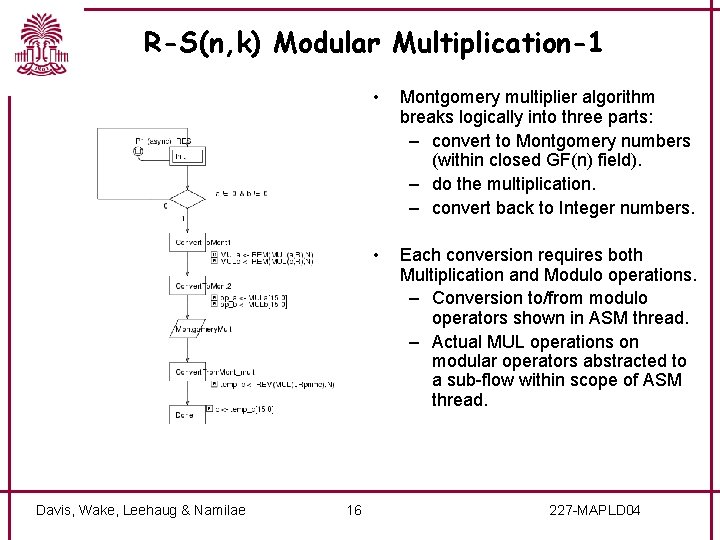 R-S(n, k) Modular Multiplication-1 Davis, Wake, Leehaug & Namilae 16 • Montgomery multiplier algorithm