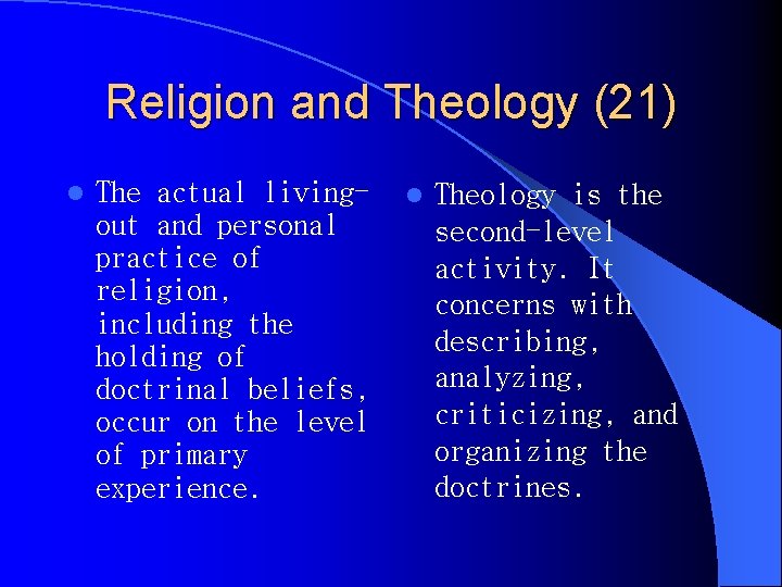 Religion and Theology (21) l The actual livingout and personal practice of religion, including