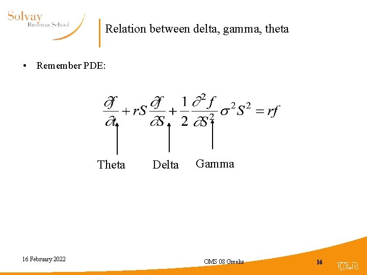 Relation between delta, gamma, theta • Remember PDE: Theta 16 February 2022 Delta Gamma