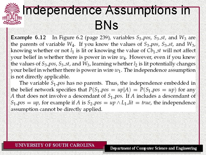 Independence Assumptions in BNs UNIVERSITY OF SOUTH CAROLINA Department of Computer Science and Engineering