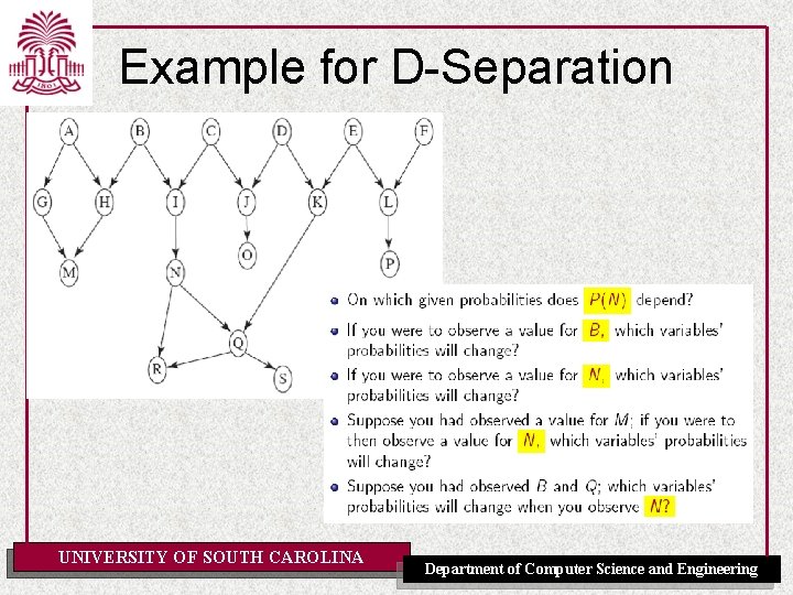 Example for D-Separation UNIVERSITY OF SOUTH CAROLINA Department of Computer Science and Engineering 
