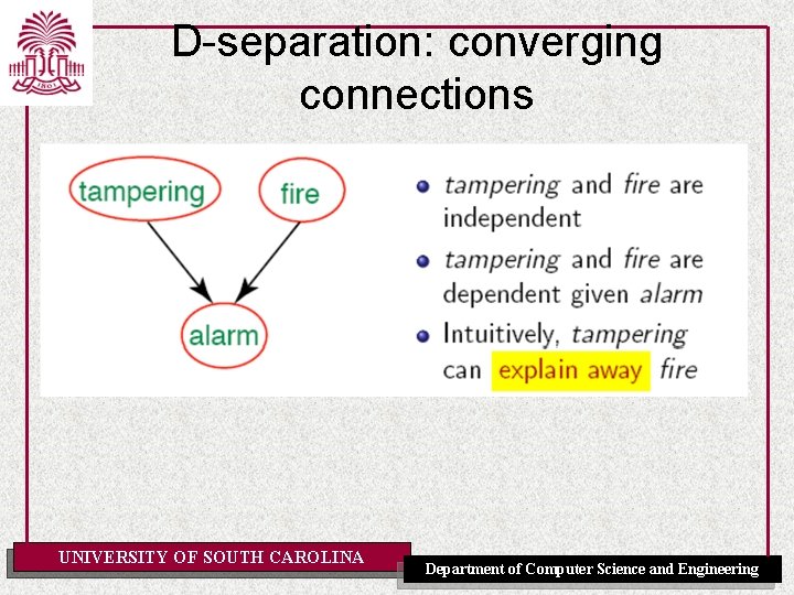 D-separation: converging connections UNIVERSITY OF SOUTH CAROLINA Department of Computer Science and Engineering 