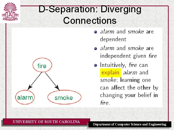 D-Separation: Diverging Connections UNIVERSITY OF SOUTH CAROLINA Department of Computer Science and Engineering 