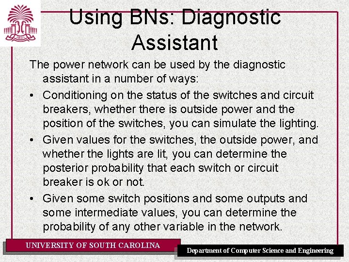 Using BNs: Diagnostic Assistant The power network can be used by the diagnostic assistant