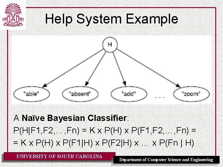 Help System Example A Naïve Bayesian Classifier: P(H|F 1, F 2, …, Fn) =