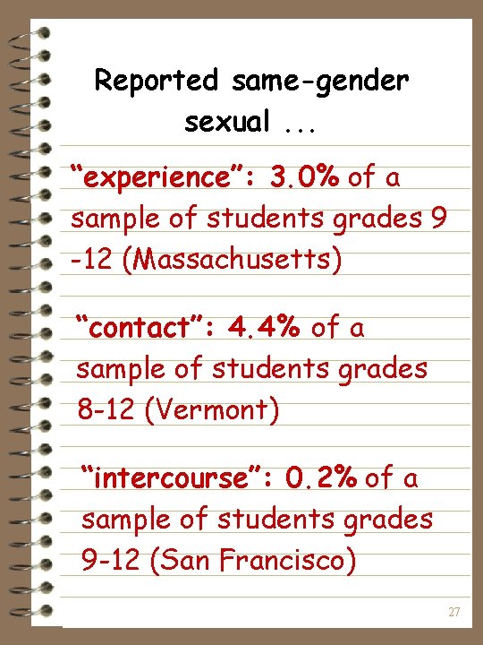 Reported same-gender sexual. . . “experience”: 3. 0% of a sample of students grades