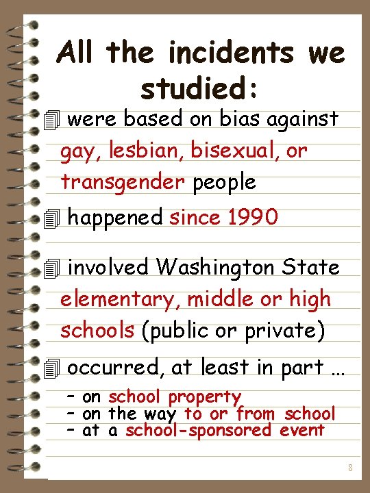 All the incidents we studied: 4 were based on bias against gay, lesbian, bisexual,
