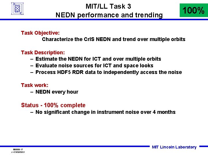 MIT/LL Task 3 NEDN performance and trending 100% Task Objective: Characterize the Cr. IS