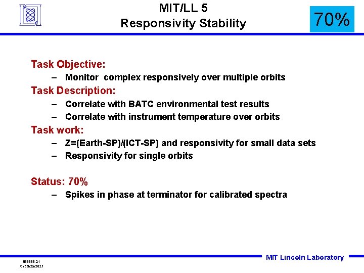 MIT/LL 5 Responsivity Stability 70% Task Objective: – Monitor complex responsively over multiple orbits