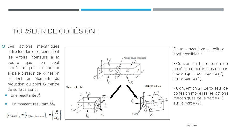 TORSEUR DE COHÉSION : Les actions mécaniques entre les deux tronçons sont les efforts TORSEUR DE COHÉSION : Les actions mécaniques entre les deux tronçons sont les efforts