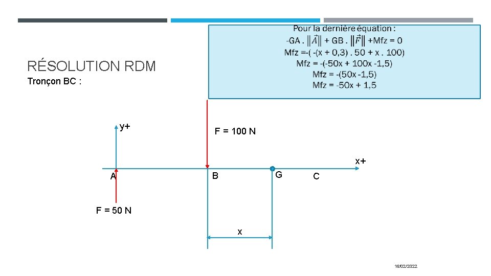 RÉSOLUTION RDM Tronçon BC : y+ F = 100 N x+ A G B RÉSOLUTION RDM Tronçon BC : y+ F = 100 N x+ A G B