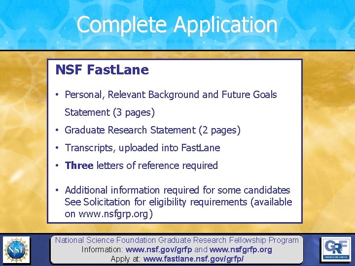 Complete Application NSF Fast. Lane • Personal, Relevant Background and Future Goals Statement (3