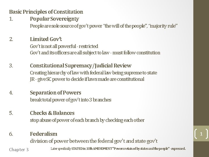 Basic Principles of Constitution 1. Popular Sovereignty People are sole source of gov’t power
