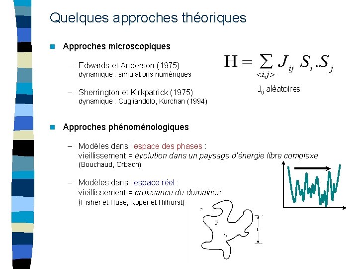 Quelques approches théoriques n Approches microscopiques – Edwards et Anderson (1975) dynamique : simulations