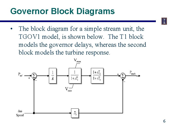 Governor Block Diagrams • The block diagram for a simple stream unit, the TGOV