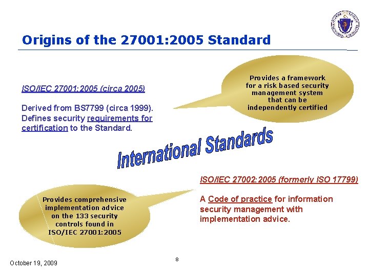 Origins of the 27001: 2005 Standard Provides a framework for a risk based security