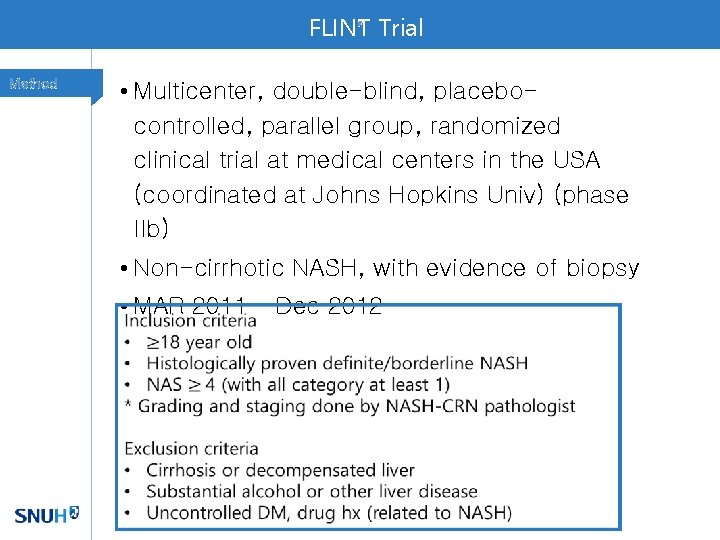 FLINT Trial F Method • Multicenter, double-blind, placebocontrolled, parallel group, randomized clinical trial at