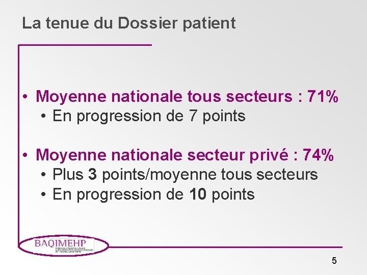 La tenue du Dossier patient • Moyenne nationale tous secteurs : 71% • En