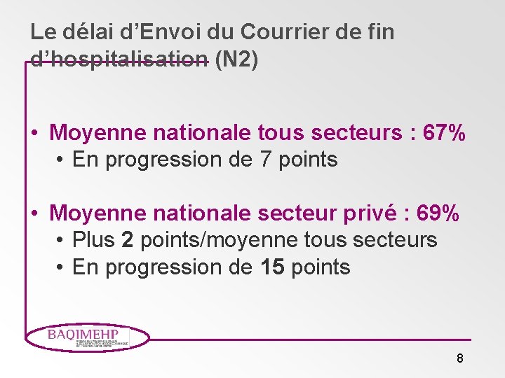 Le délai d’Envoi du Courrier de fin d’hospitalisation (N 2) • Moyenne nationale tous