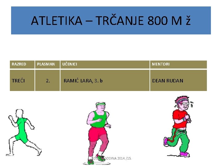 ATLETIKA – TRČANJE 800 M ž RAZRED TREĆI PLASMAN 2. UČENICI MENTORI RAMIĆ LARA,