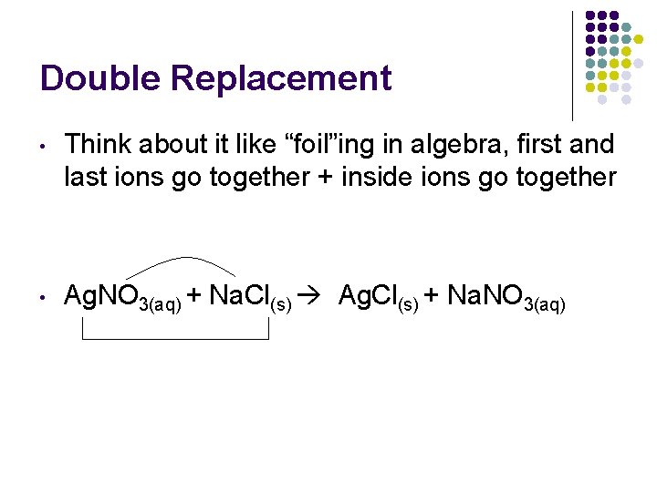 Double Replacement • Think about it like “foil”ing in algebra, first and last ions