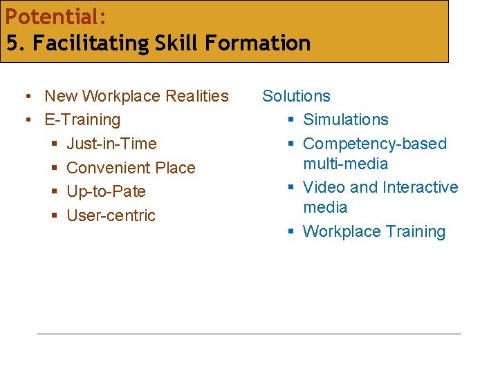 Potential: 5. Facilitating Skill Formation • New Workplace Realities • E-Training § Just-in-Time §