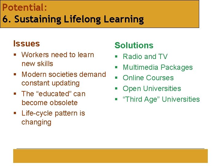 Potential: 6. Sustaining Lifelong Learning Issues Solutions § Workers need to learn new skills