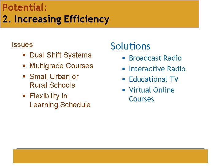 Potential: 2. Increasing Efficiency Issues § Dual Shift Systems § Multigrade Courses § Small