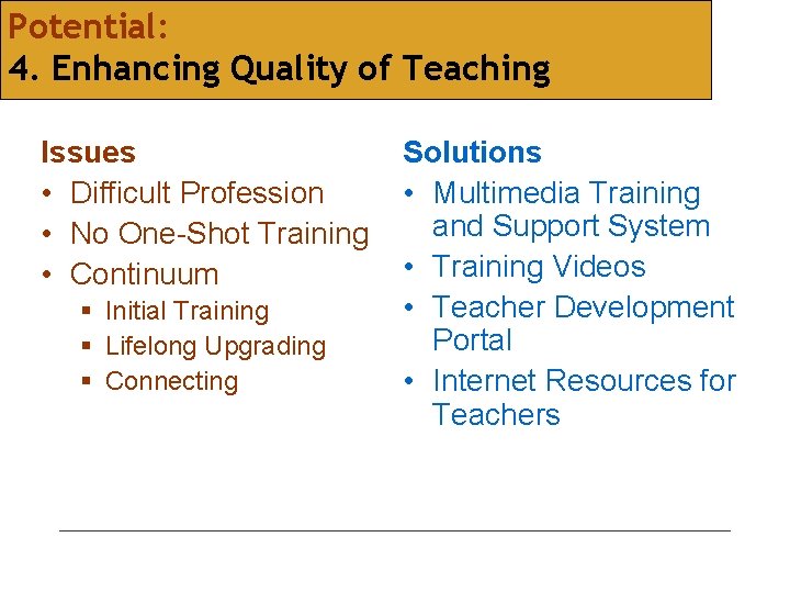 Potential: 4. Enhancing Quality of Teaching Issues • Difficult Profession • No One-Shot Training