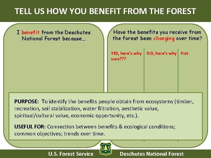 TELL US HOW YOU BENEFIT FROM THE FOREST I benefit from the Deschutes National TELL US HOW YOU BENEFIT FROM THE FOREST I benefit from the Deschutes National