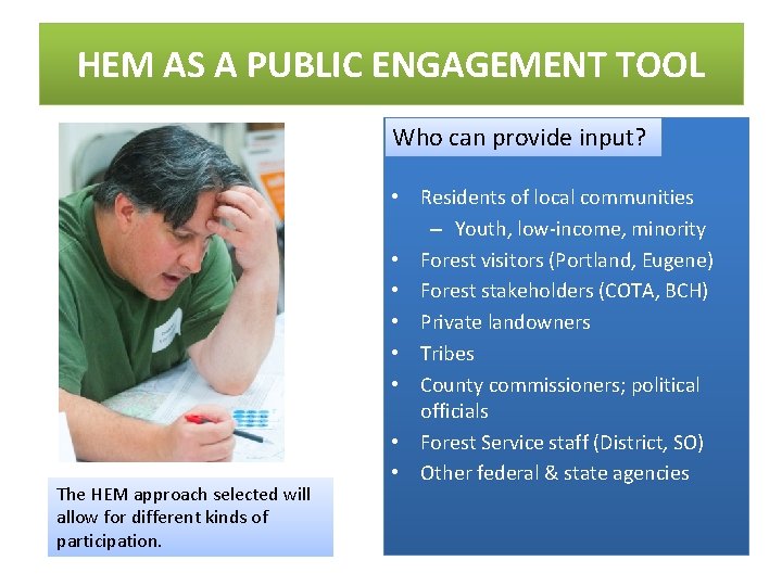 HEM AS A PUBLIC ENGAGEMENT TOOL Who can provide input? The HEM approach selected HEM AS A PUBLIC ENGAGEMENT TOOL Who can provide input? The HEM approach selected