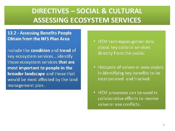 DIRECTIVES – SOCIAL & CULTURAL ASSESSING ECOSYSTEM SERVICES 13. 2 - Assessing Benefits People DIRECTIVES – SOCIAL & CULTURAL ASSESSING ECOSYSTEM SERVICES 13. 2 - Assessing Benefits People