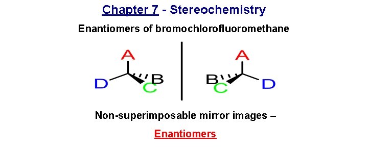 Chapter 7 - Stereochemistry Enantiomers of bromochlorofluoromethane Non-superimposable mirror images – Enantiomers 