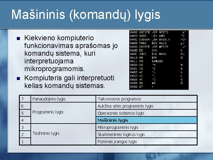 Mašininis (komandų) lygis Kiekvieno kompiuterio funkcionavimas aprašomas jo komandų sistema, kuri interpretuojama mikroprogramomis. Kompiuteris