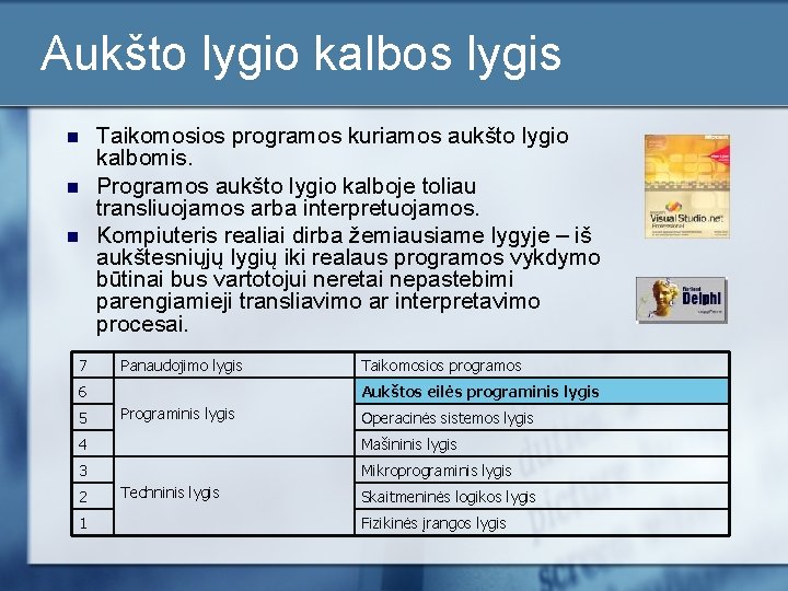 Aukšto lygio kalbos lygis n n n 7 Taikomosios programos kuriamos aukšto lygio kalbomis.